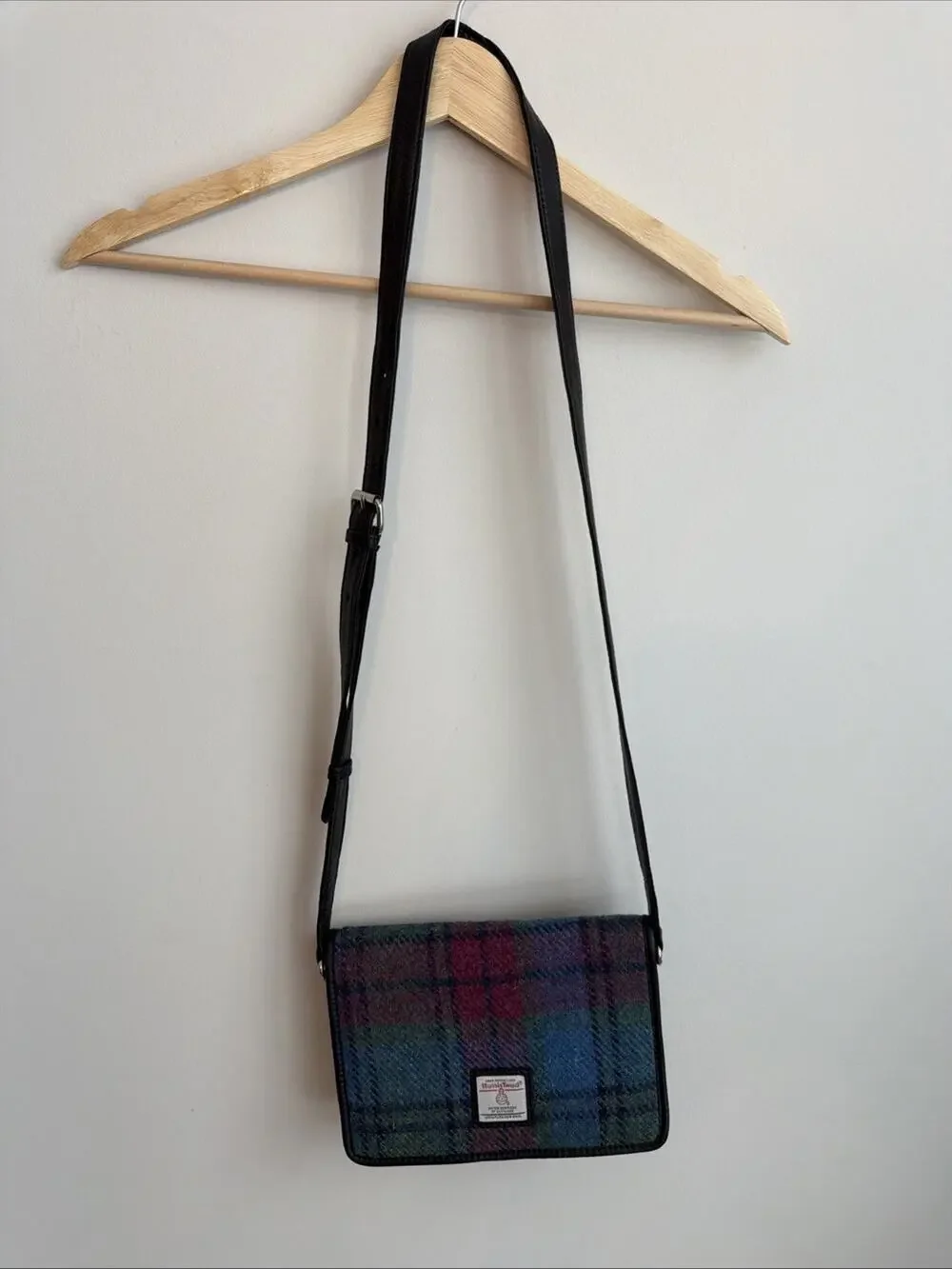 Harris Tweed Maccessori Vintage Plaid Handbag Crossbody Purse 100% Wool Leather